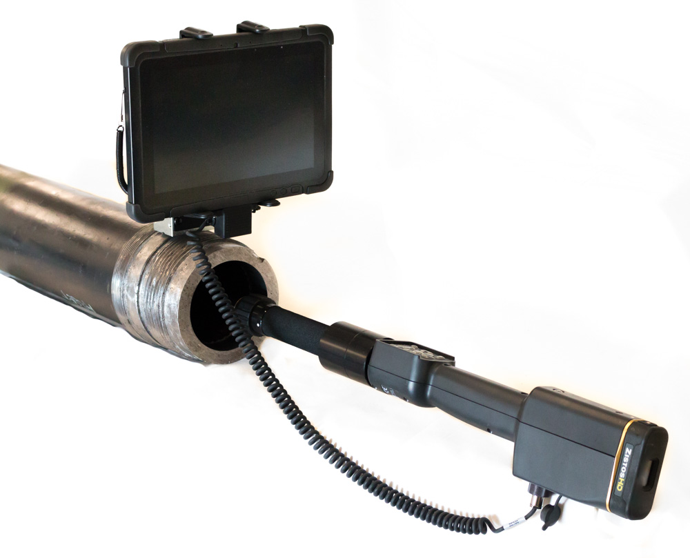 Handheld GBIS inspection system with tablet display showing bore analysis